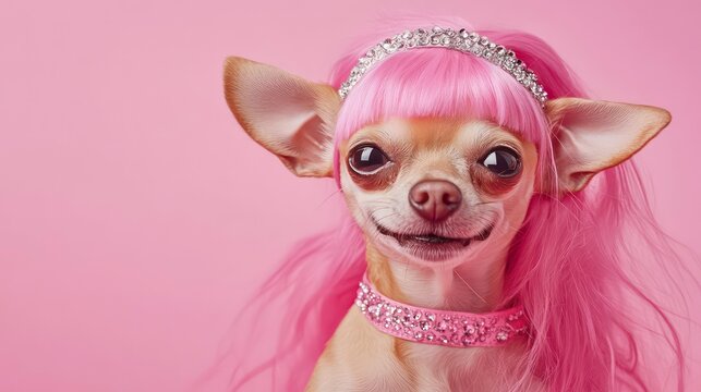 Chihuahua dog wearing pink wig and rhinestone collar on pink background