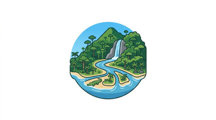 Obraz premium Tropical Island Waterfall Jungle River Landscape Illustration.