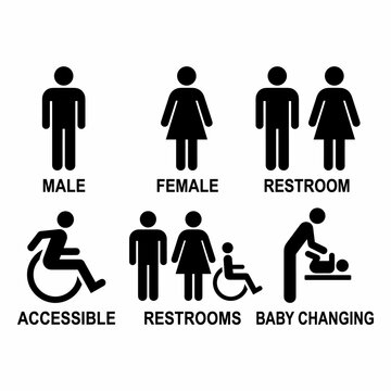 Collection of black and white universal public restroom, accessibility, and baby changing station signs on a white background.