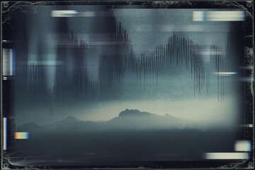 Fototapeta premium Abstract audio waveform overlay above misty mountain landscape with digital glitch effects and vintage screen texture