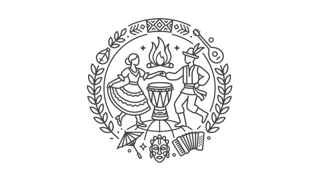 Cultural dance around a drum with fire and wreath.