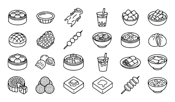 Hong Kong Popular Food Black and White Icon Set with Dim Sum Egg Tart and Bubble Tea Vector Collection