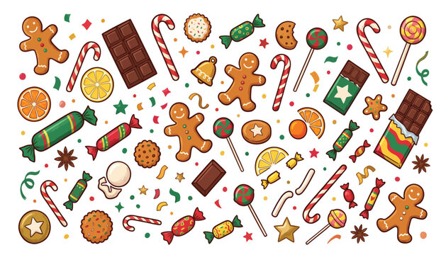Colorful christmas sweets and treats pattern with gingerbread men candy canes and chocolate on white background