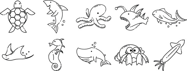 Collection of cute aquatic sea animals rendered in a clean minimalist vector graphic style featuring a turtle shark octopus anglerfish fish seahorse whale crab and squid for creative design projects © Aminul