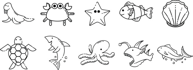 Set of ten cute marine animal vector icons featuring a walrus crab starfish fish seashell turtle shark octopus anglerfish and swimming fish rendered in a clean minimalist black line style. © Aminul