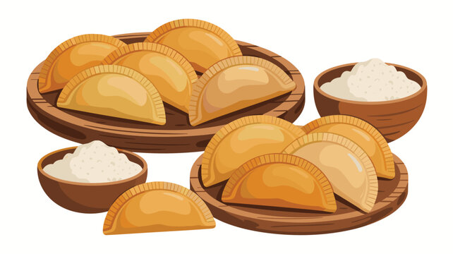 Two wooden plates filled with golden, crescent-shaped empanadas are accompanied by two small bowls of white flour on a clean white background.