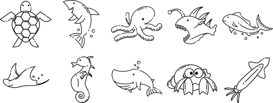 Collection of cute aquatic sea animals rendered in a clean minimalist vector graphic style featuring a turtle shark octopus anglerfish fish seahorse whale crab and squid for creative design projects