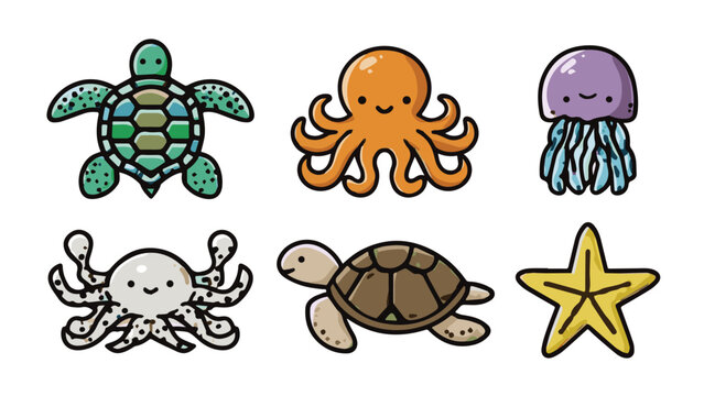 Collection of Colorful Marine Animals Including Turtle Octopus Jellyfish Starfish and Crabs.
