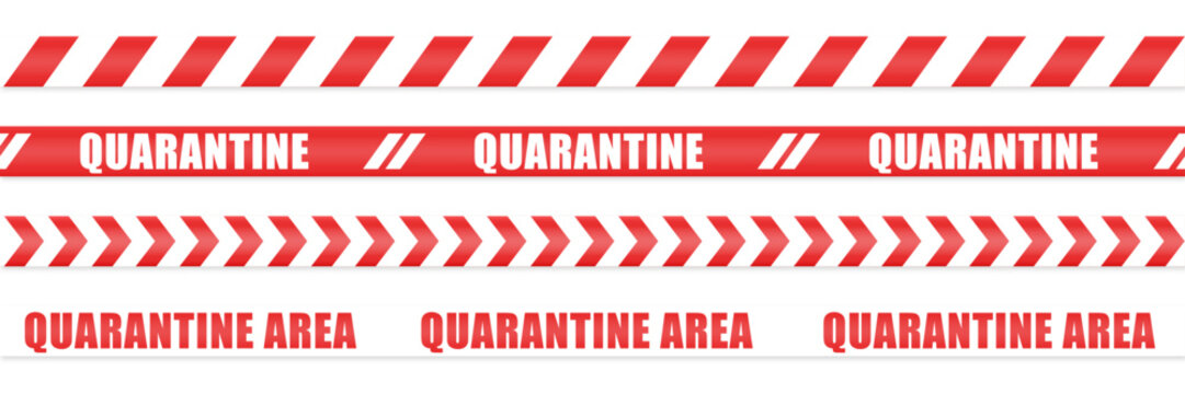 Quarantine zone line tape vector set. Realistic quarantine area stripe on white background. Isolated quarantine red tapes virus site, lockdown concept. Seamless pattern lines. Vector illustration.