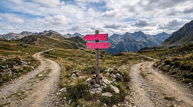 Remote mountain crossroad where a dirt path splits into two directions, featuring a brightly painted neon pink wooden signpost standing.