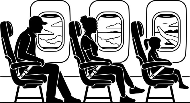 Silhouettes of people sitting in airplane seats looking out windows on a white background vector illustration
