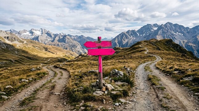 Remote mountain crossroad where a dirt path splits into two directions, featuring a brightly painted neon pink wooden signpost standing.