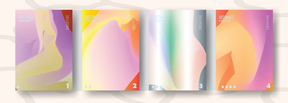 Abstract soft pastel gradient posters set with horizontal shutter lines overlay texture and fluid silver background vector illustration
