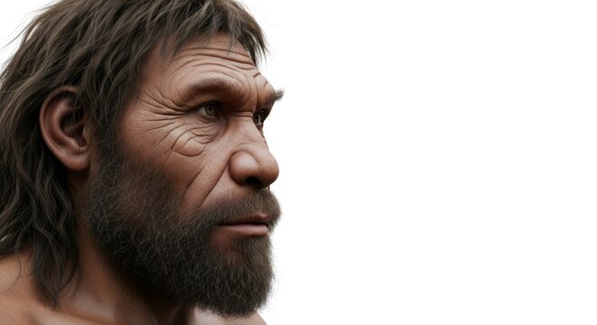 Neanderthal man close up portrait. Prehistoric human evolution concept. Anthropological research and stone age illustration.