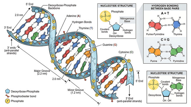 The DNA double helix structure with nucleotide components and molecular bonds illustrated in detail scientifically.