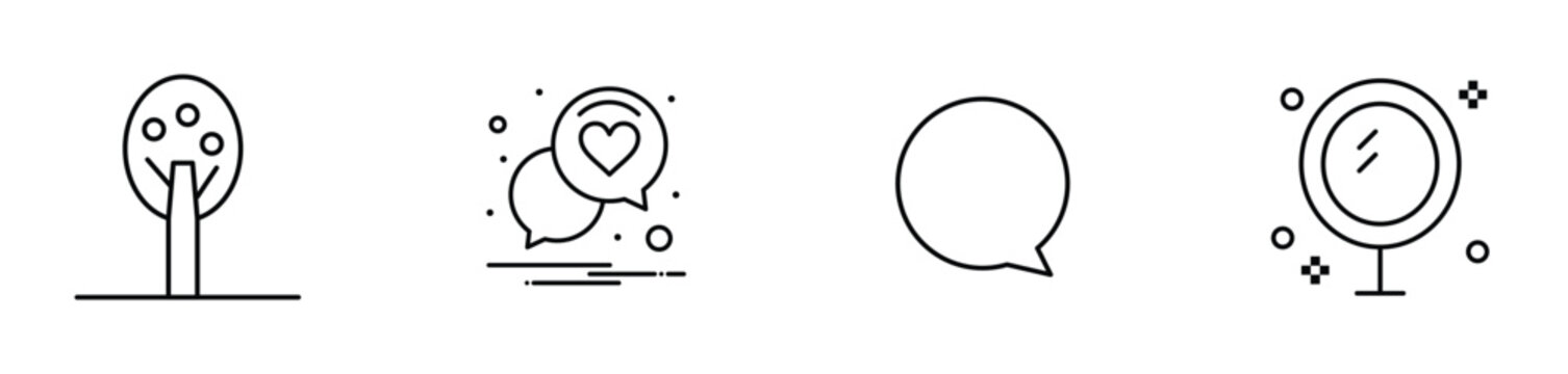 Four modern minimalist vector graphic icons featuring a stylized nature tree a lovely heart speech bubble a blank communication chat thought cloud and a circular mirror design for web interfaces.