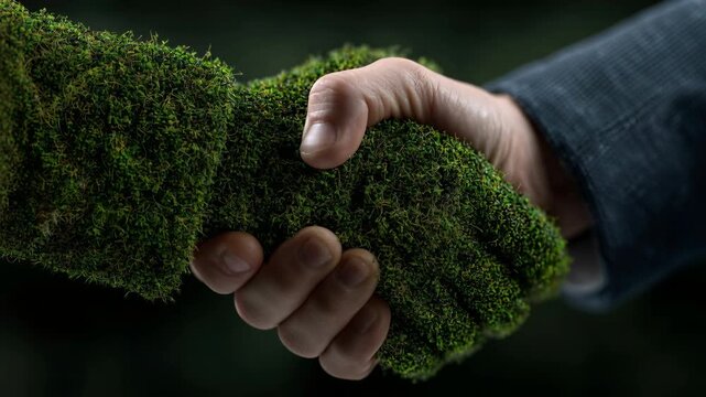 Handshake between man and tree shows commitment to green deal for future sustainability. High quality 4k footage