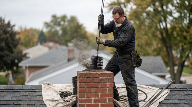 Professional chimney sweep cleaning a chimney with a long brush, removing soot and debris from the flue. Home maintenance and fireplace safety concept emphasizing essential servicing work.