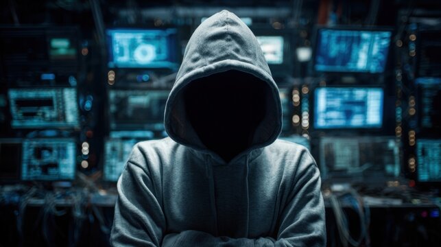 Anonymous faceless hacker in a grey hoodie standing in front of multiple computer monitors filled with data in a dark room.