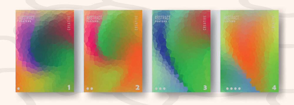 Abstract crystallized fluid posters set with dynamic multi color low poly polygon geometric mosaic blend background vector illustration