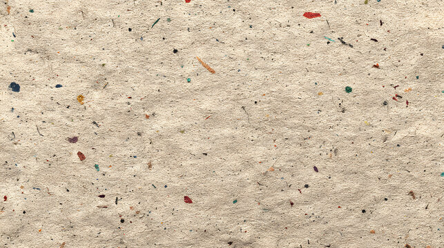 Recycled paper texture speckled fibers muted tone natural handmade paper with colorful pulp flecks and visible fibers creating rustic textured background with warm neutral color and subtle