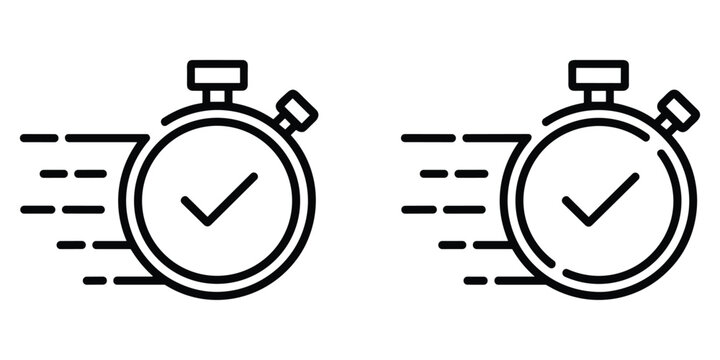 Fast stopwatch timer icons with check mark symbol for completed task or success mission deadline