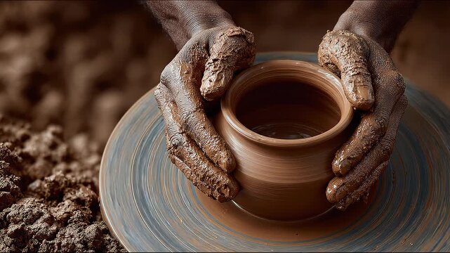 African male potter skillfully shapes a clay pot on a spinning wheel, hands covered in wet clay, with earthy textures and pottery materials surrounding the workspace
