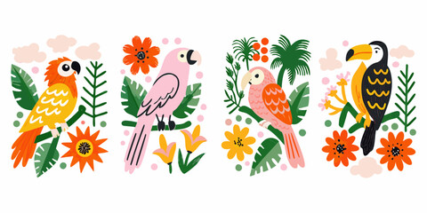 Tropical birds and floral elements colorful vector illustration © Provhash