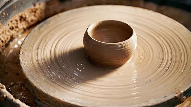Clay pottery process showing a round bowl being shaped on a pottery wheel with smooth, wet clay spinning in a well-lit workshop environment