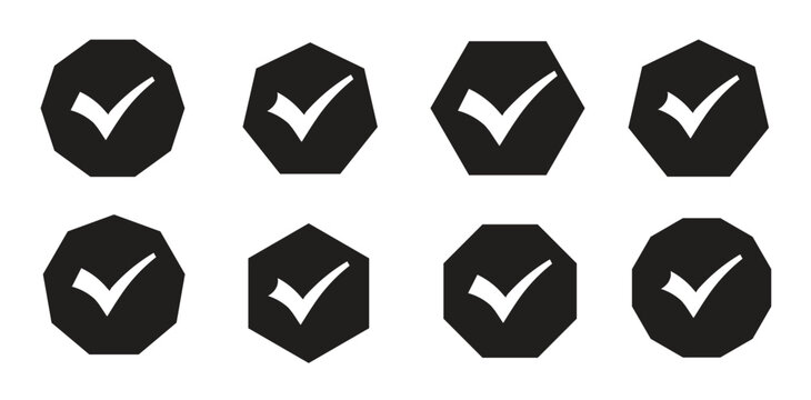 Black verified badge icon set with polygon shaped symbols in different styles, modern vector collection for social media verification, user profiles, trust marks, apps, websites, and digital branding 