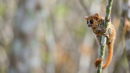 Fototapeta premium Small mouse lemur clinging to a thin branch in a forest