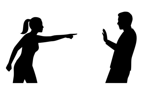 Silhouette of couple in confrontation with woman pointing and man reacting isolated on white background