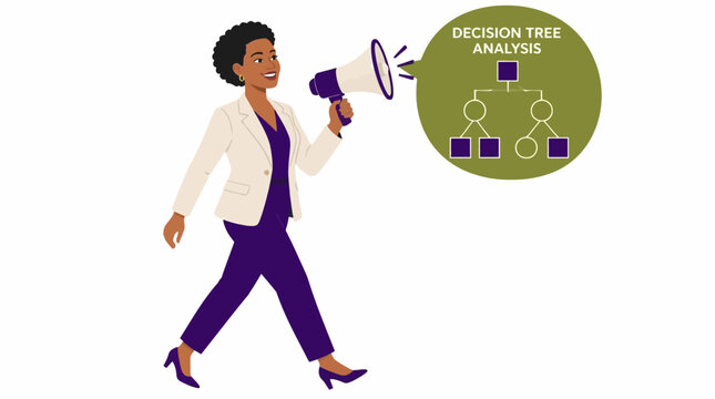 Businesswoman holding megaphone with decision tree graphic.