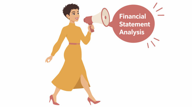 Woman with megaphone announcing financial statement analysis.