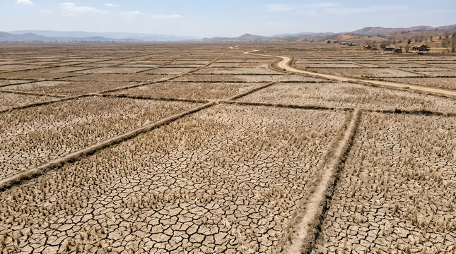 Dry Cracked Farmland with Winding Dirt Road and Distant Village
