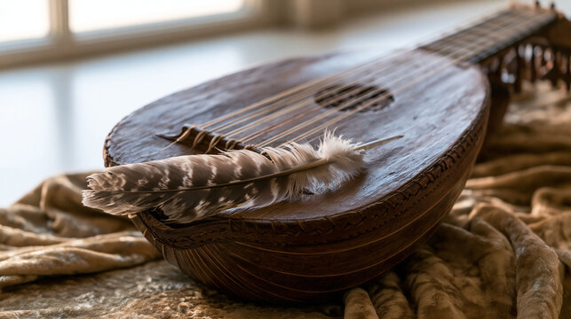 lute. Medieval lute resting on velvet cloth with a feather tucked in its case. event programs, museum guides, designed for cultural heritage projects and event programs, supports education.