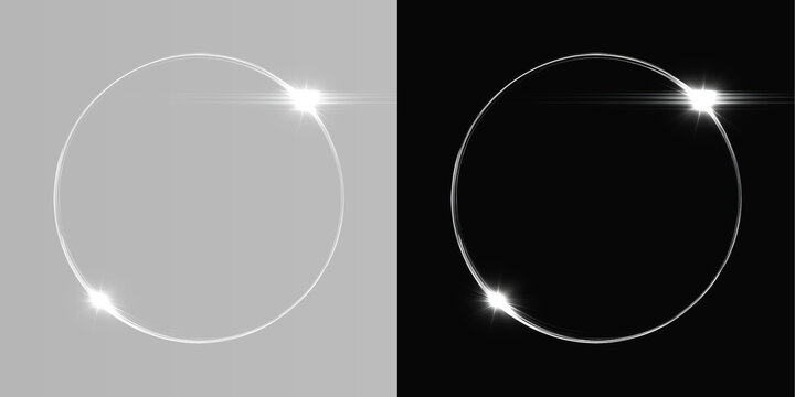 Abstract silver neon ring on grey and black background, realistic glowing circle frame with solar eclipse lens flare overlay