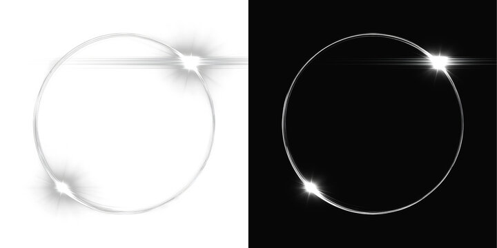 Abstract silver neon ring on white and black background, realistic glowing circle frame with solar eclipse lens flare overlay
