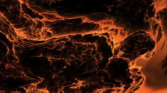 Dramatic volcanic terrain featuring glowing magma channels flowing through dark molten rock formations. Intense fiery motion background ideal for cinematic visuals.