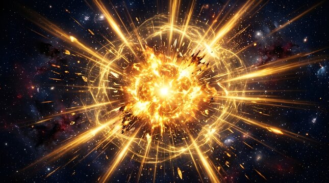 Magnificent supernova explosion scattering golden particles and fiery light streaks across deep dark expanse of outer space.