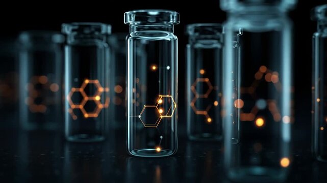 Vials contain clear peptide molecules that represent cutting-edge biotechnology for skincare. The setting showcases a scientific environment focused on anti aging solutions.
