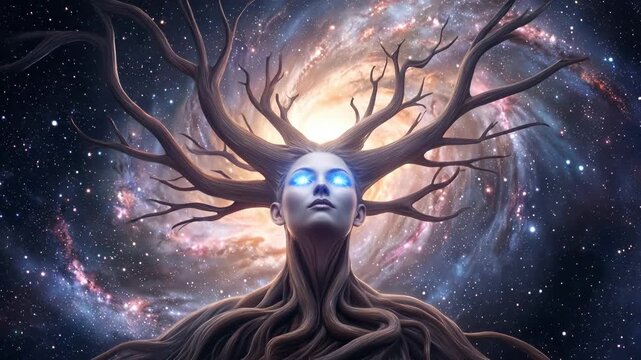 Mystical tree woman with glowing eyes against swirling galaxy background. Fantasy cosmic entity with branch-like hair in deep space. Static wide shot.