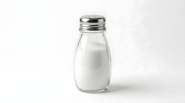 Detailed studio shot of a transparent salt shaker an essential kitchen tool for adding flavor to dishes presented cleanly on a seamless white backdrop for versatility in design and culinary use