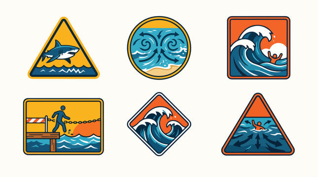 Collection of colorful beach safety warning signs featuring sharks waves and dangerous rip currents in a flat vector graphic style