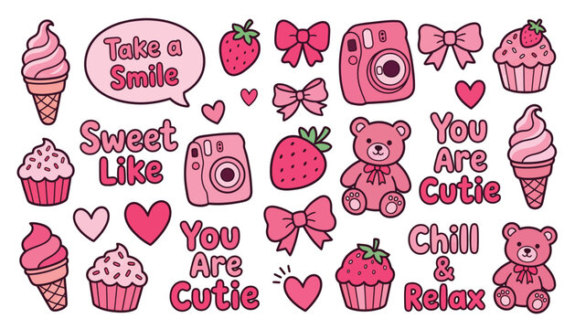 Cute pink doodle set with ice cream strawberries cameras and bears on a white background
