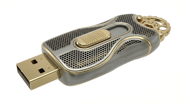 A portable USB flash drive an essential electronic gadget for data storage and transfer is shown isolated against a seamless bright white studio background for clarity