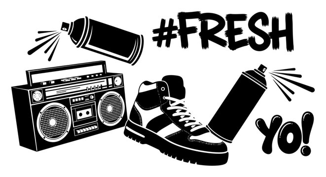 Retro Hip Hop Culture Illustration with Boombox Sneaker and Spray Paint Cans.