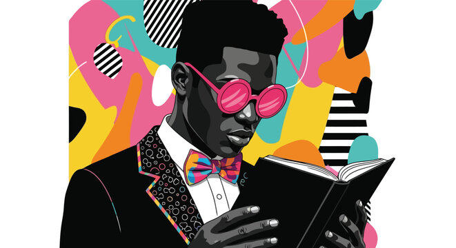 Stylish young man in suit and pink glasses reading a book against colorful abstract background.