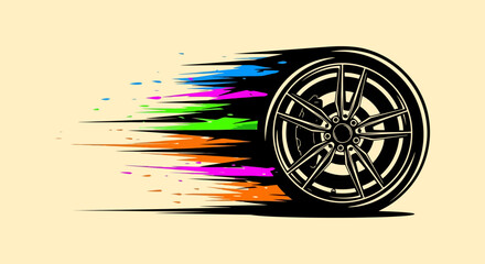 Fast moving car wheel with colorful motion blur trails and artistic paint splashes. © rizkain