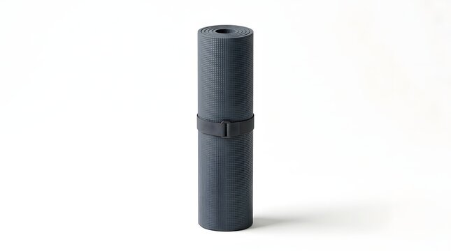 This rolled yoga mat isolated on a seamless white surface symbolizes health exercise and personal wellbeing prepared for practice or relaxation